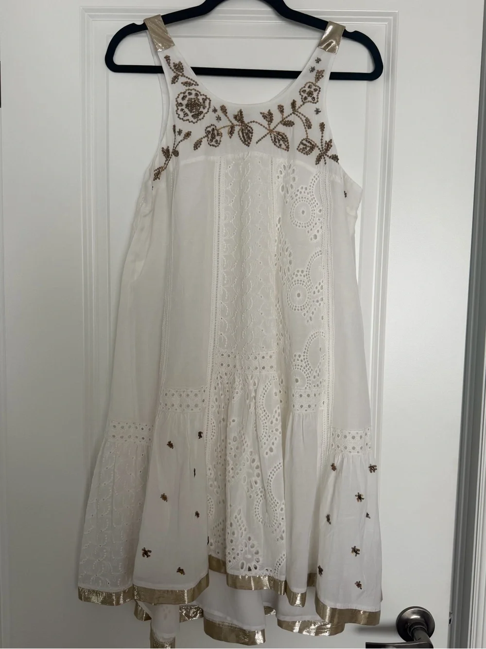 Sleeveless White Mini Dress with Gold Embroidery - Picture 1 of 7